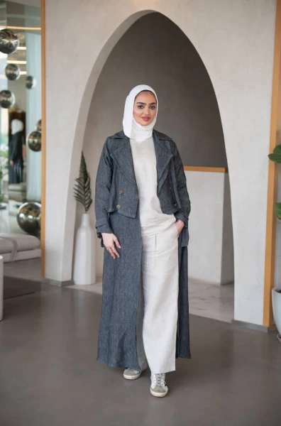 طقم عباية باللون الرمادي مع طقم داخلي ،بخام لينن C:J1026 Grey-Set