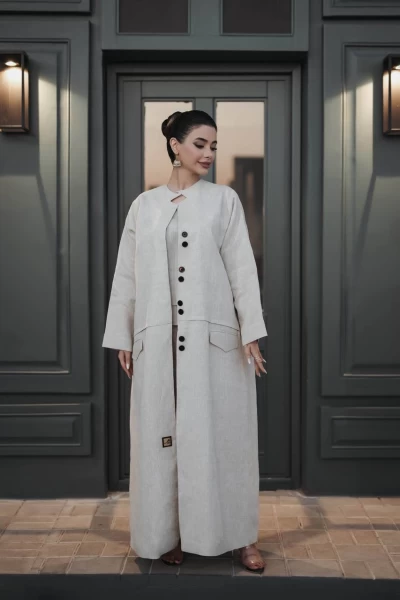 عباية مع طقم داخلي باللون البيج بخام لينن الطبيعي C:j1021 Beige set