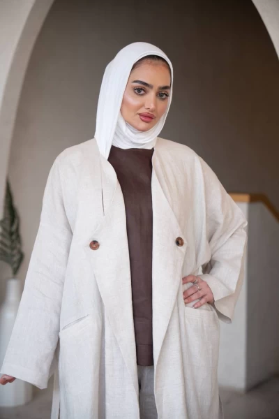 طقم عباية بيج مع طقم داخلي ، بخام لينن الطبيعي C:J1034 Set